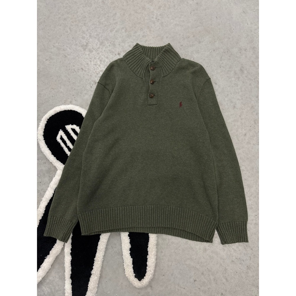 Polo Ralph Lauren Mens Large Olive Green 100% Cotton Button Mock Neck Sweater